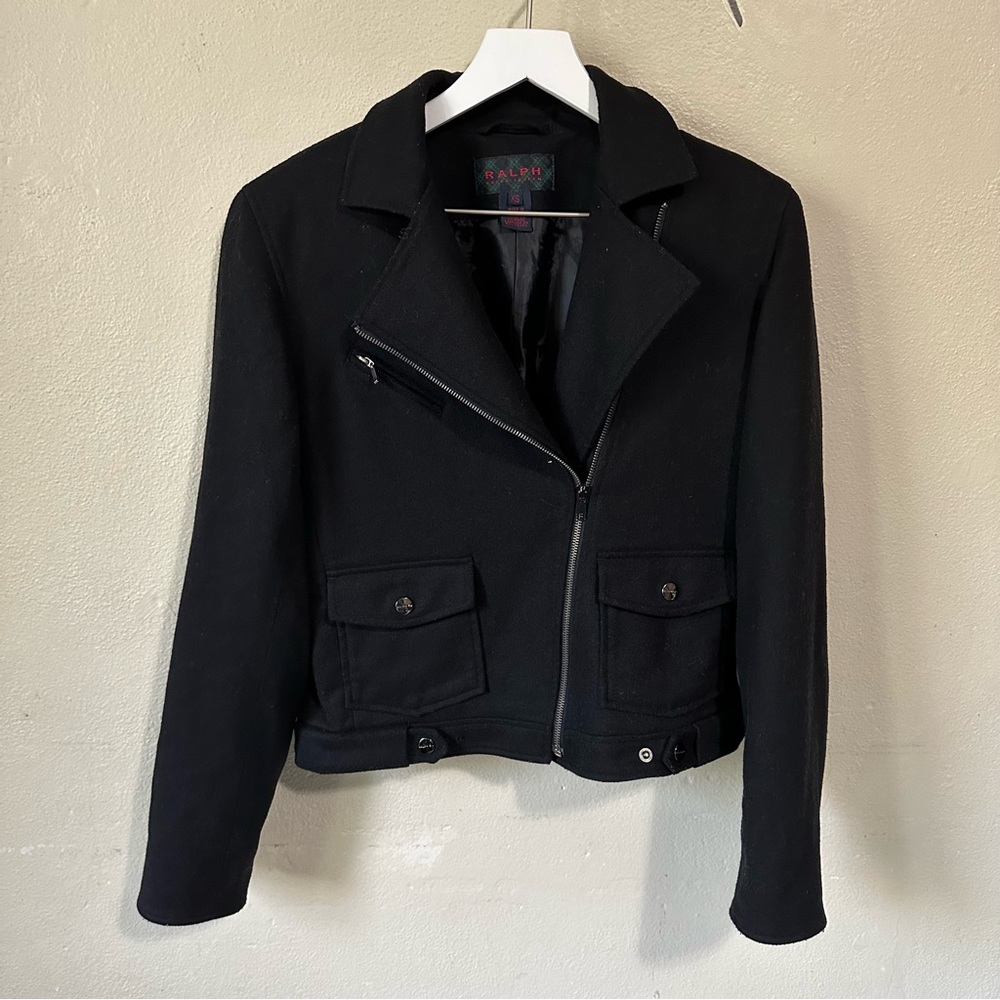 Ralph‎ Lauren Black Wool Blend Moto Zip Jacket Size XS